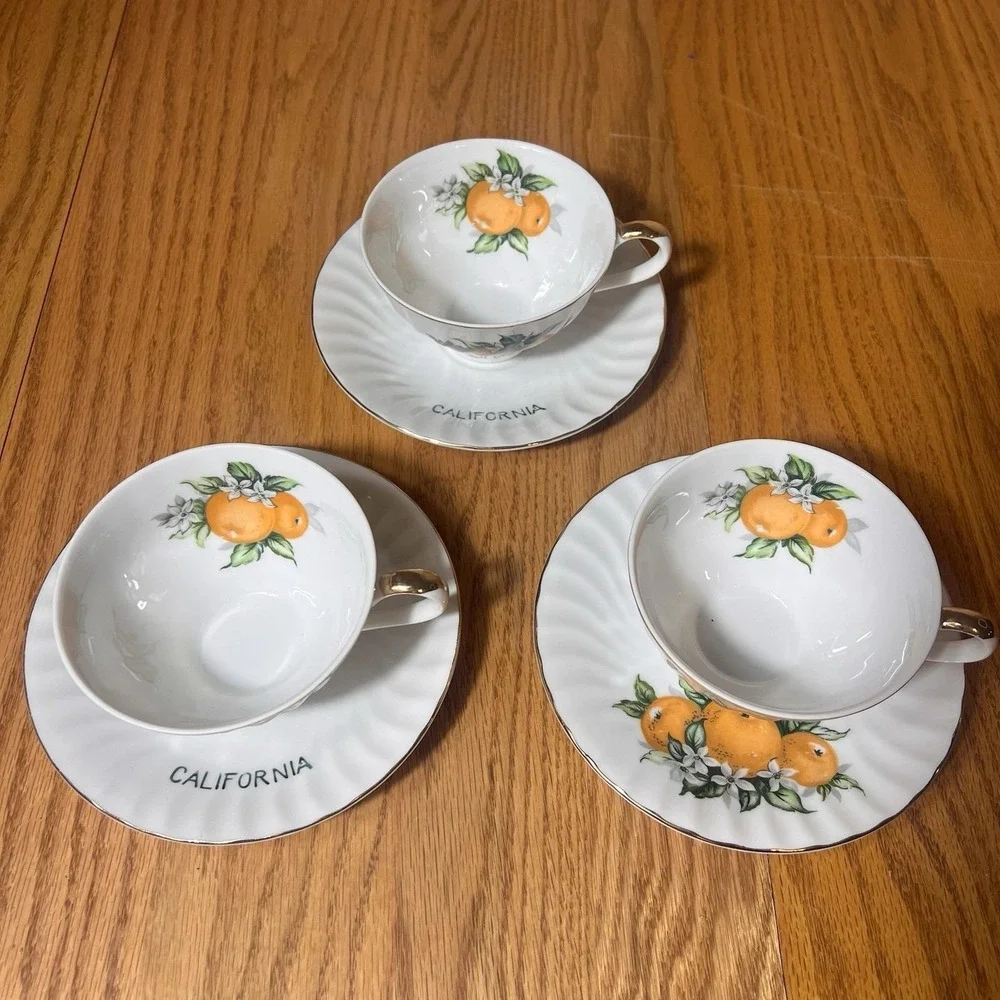 VTG SET of 3 'California' E W Princess Tea Cups Saucer Hand Painted Oranges Gold